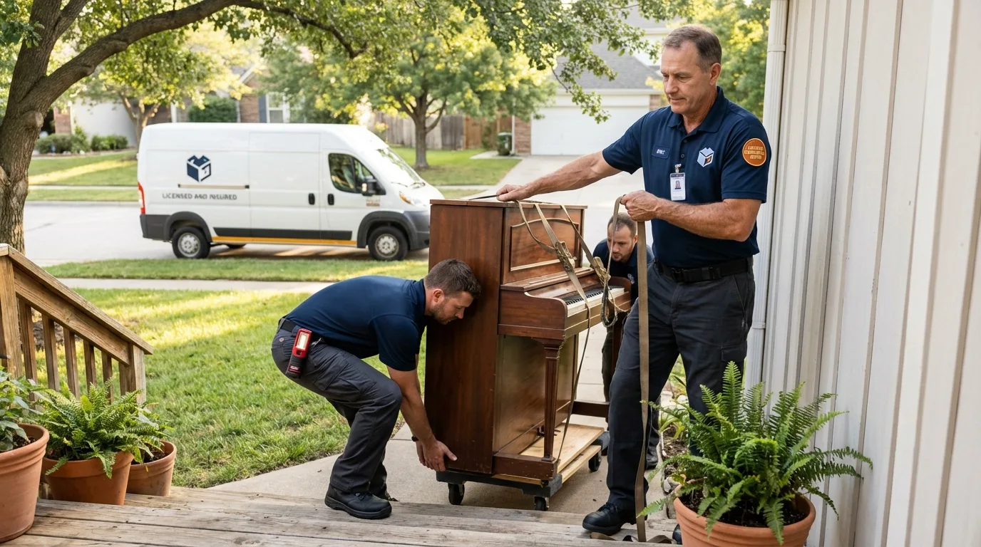 Licensed piano movers securing grand piano in Sunray, TX