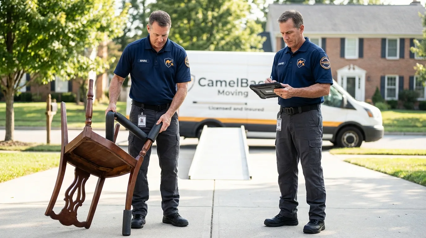 Movers inspecting furniture for damage prevention before loading in Sunray, TX