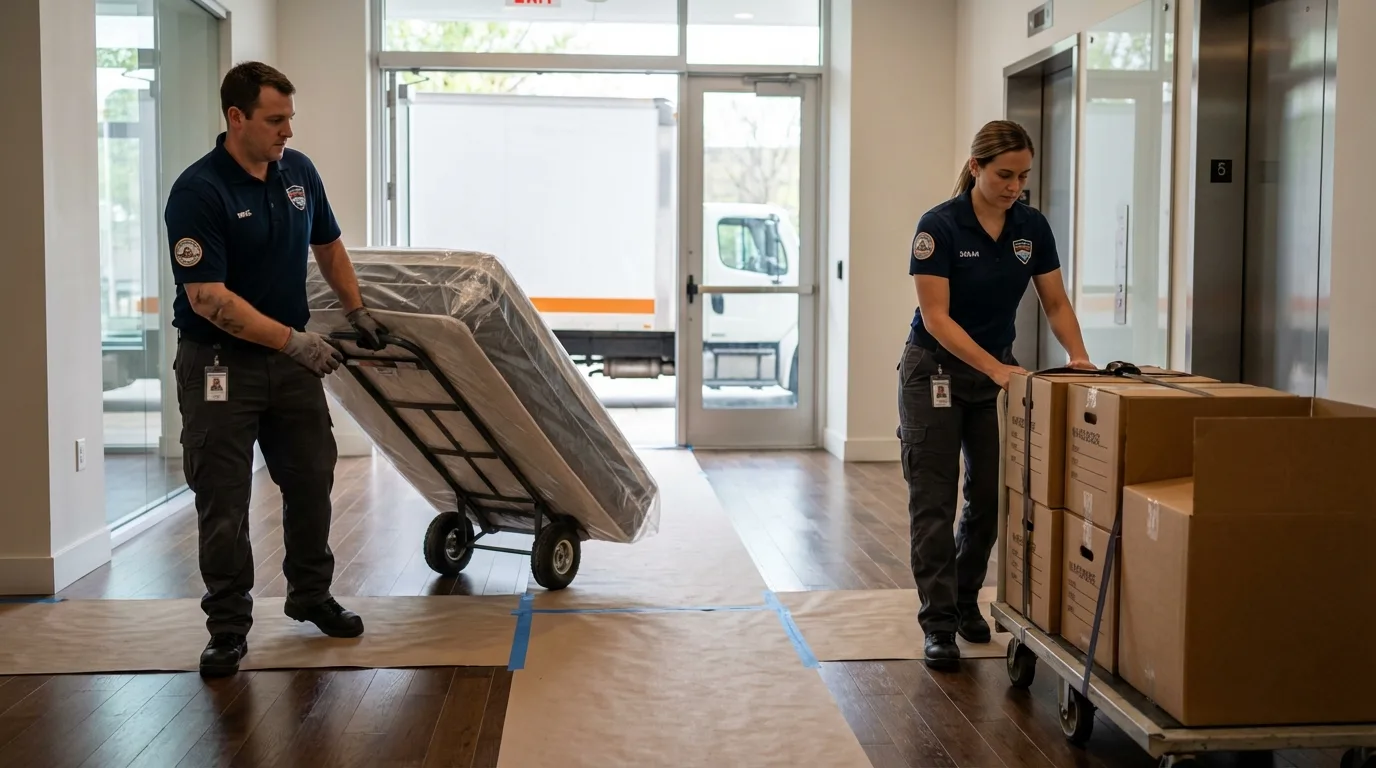 Professional apartment movers loading elevator in Sunray, TX