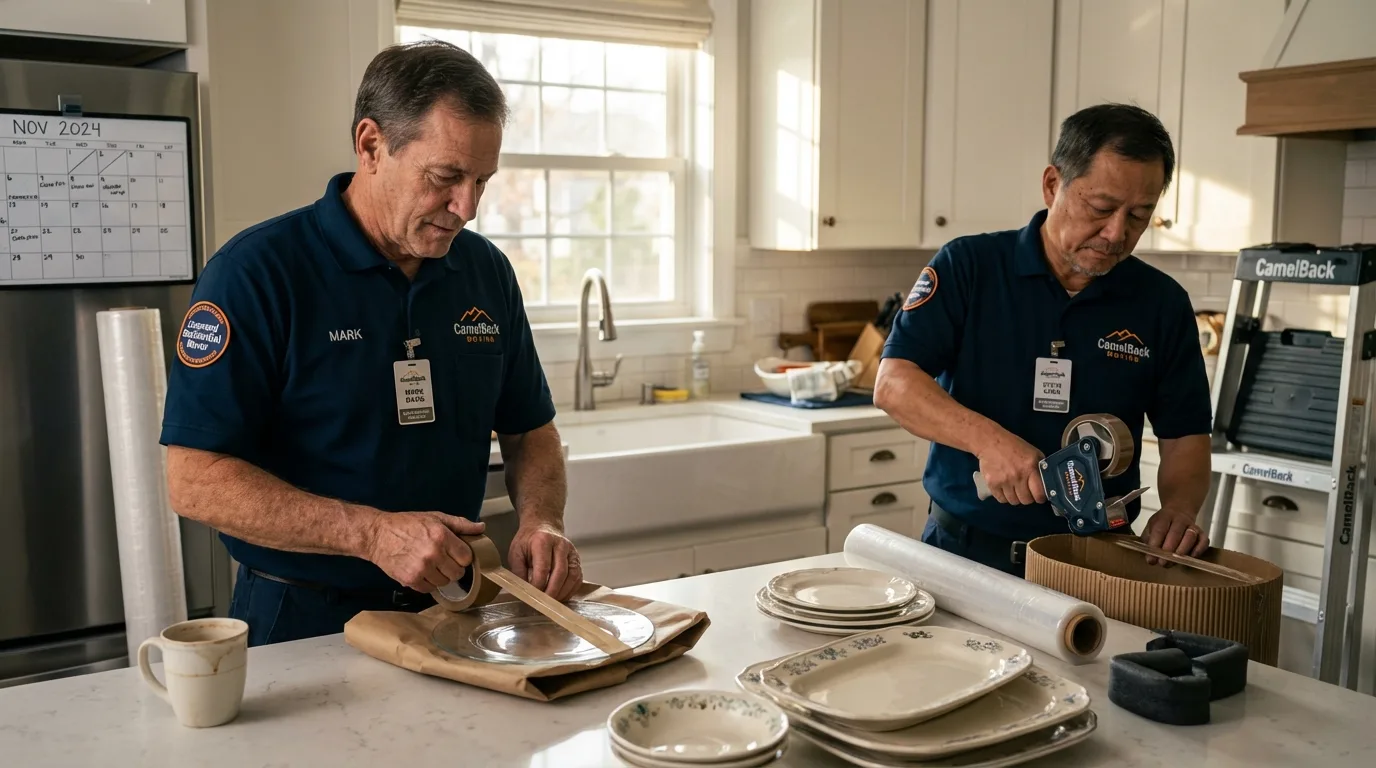 Professional crew packing kitchen dishware in Sunray, TX